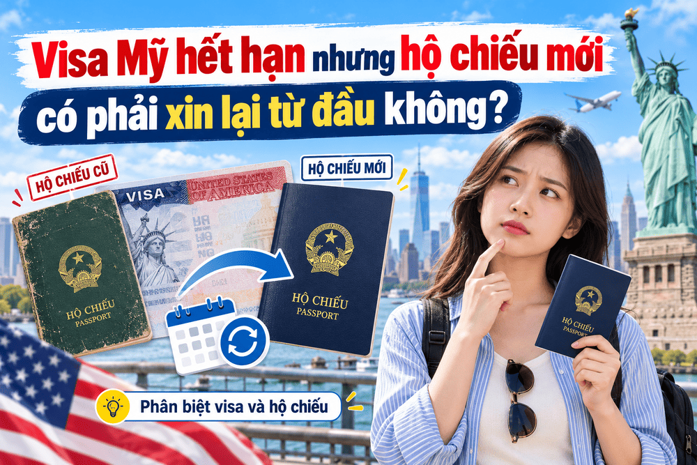 Visa Mỹ hết hạn nhưng có hộ chiếu mới có phải xin lại từ đầu không? Hướng dẫn phân biệt thời hạn visa Mỹ, hộ chiếu và thủ tục xin visa B1/B2 mới.
